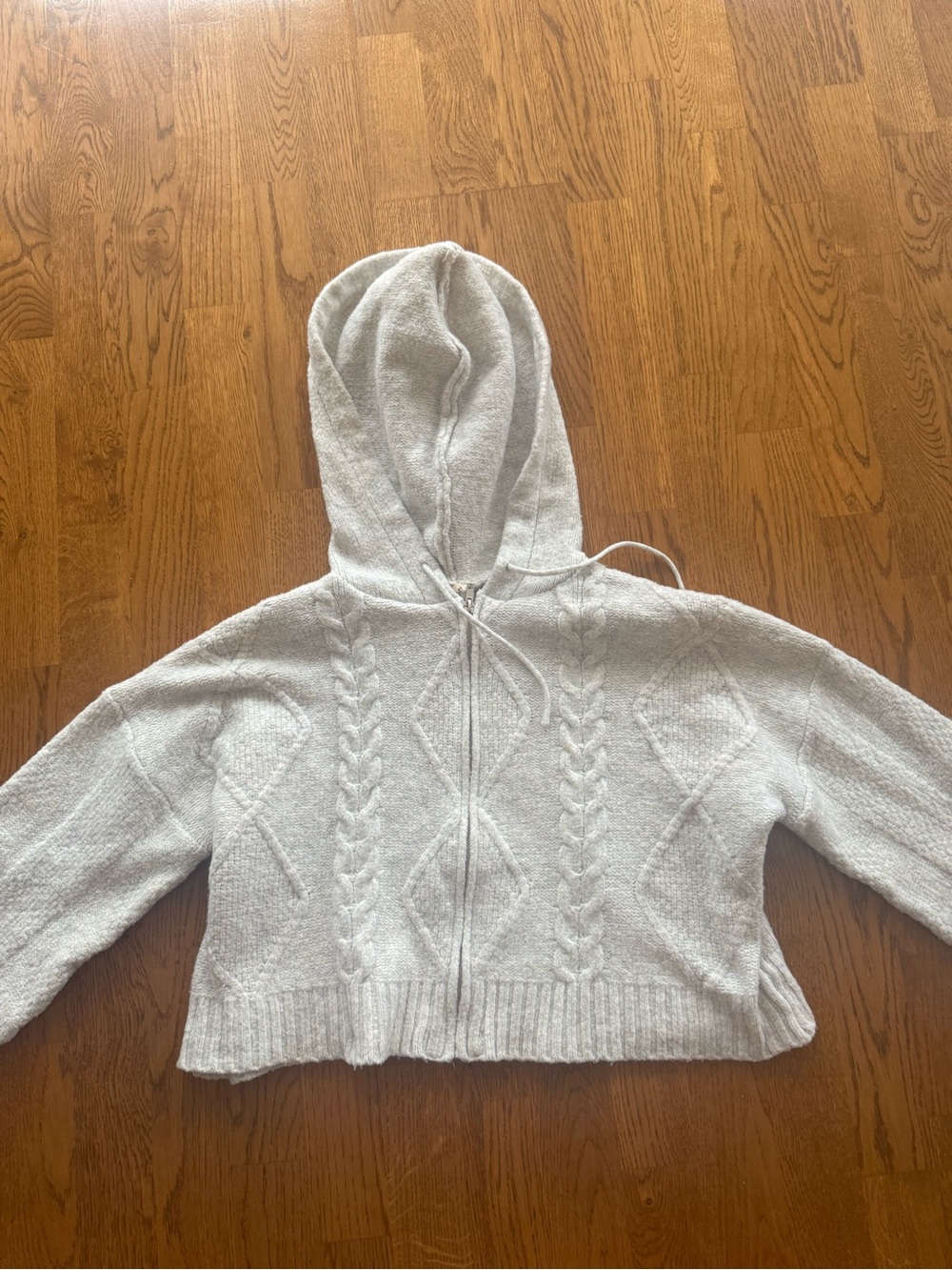 Hippie Rose Light Gray Cable-Knit Hooded Zip Sweater